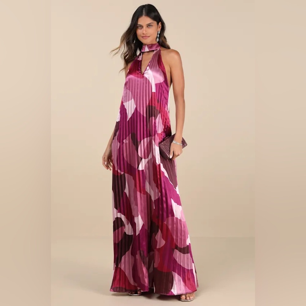 Lulu's Pink Multi Abstract Satin Halter Maxi Dress